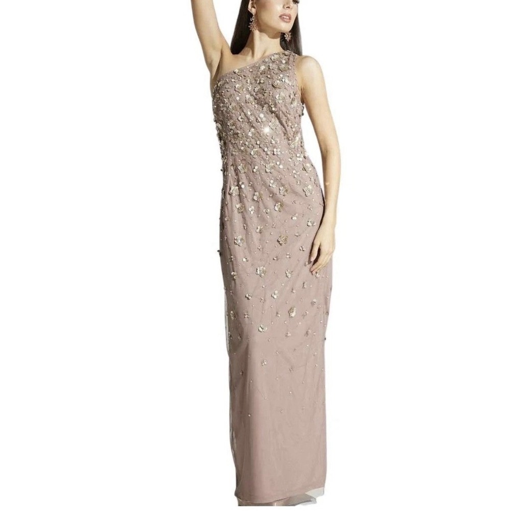 Adrianna Papell Beaded Sequin One Shoulder Gown Taupe Stone 3D Floral Sz 6 NWT